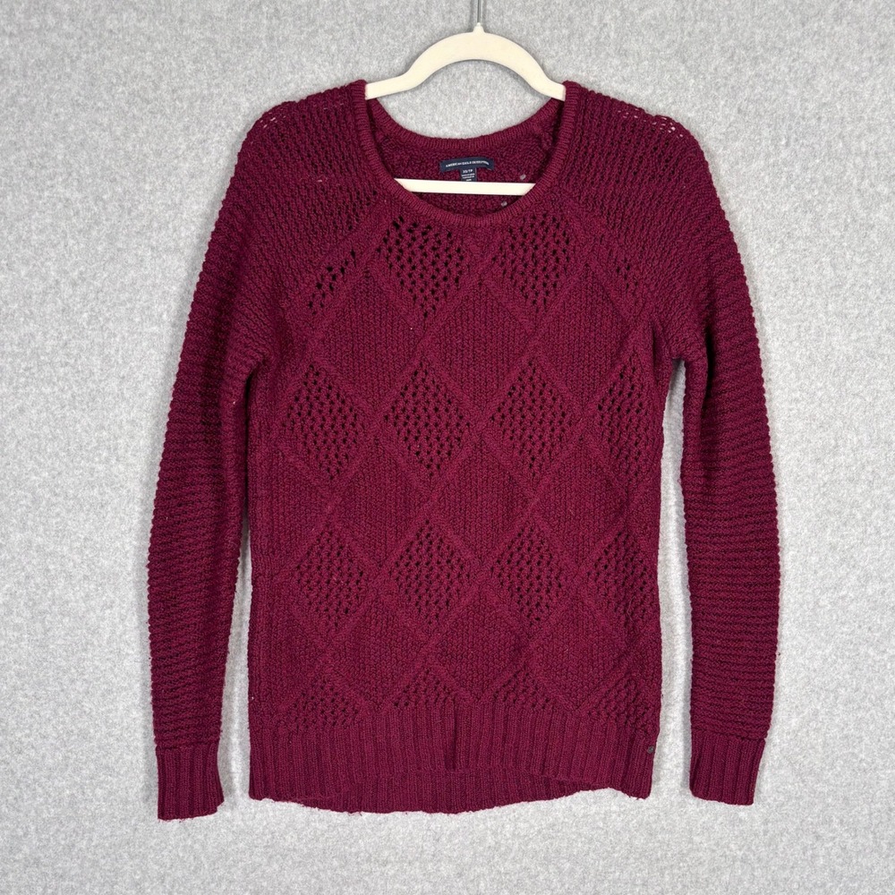 American Eagle Argyle Crochet Sweater XS Burgundy Cotton‎ Wool Country Y2K